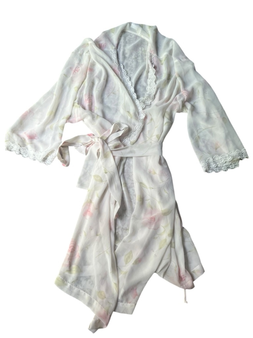 Vintage 90s/00s Sheer Floral Lace-Trim Robe - White with Pastel Pink & Green